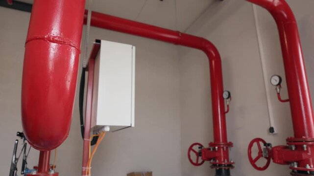 Fire suppression, Control valve, Riser room. Large red industrial pipeline system with visible gauges, valves, and expansion tank, likely part fire suppression network.