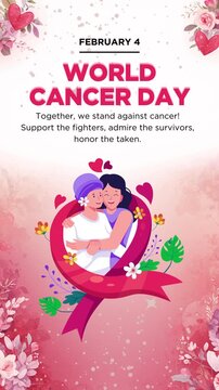 A poster for World Cancer Day featuring a cartoon couple embracing, surrounded by flowers and hearts, with a pink ribbon symbolizing cancer awareness.