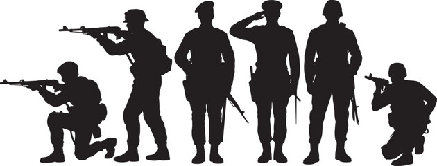 Set of soldiers in various poses with guns and helmets isolated on white