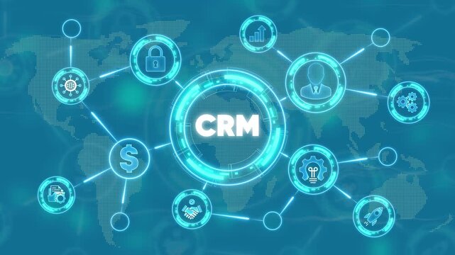 C R M customer relationship management technology concept with and map in background