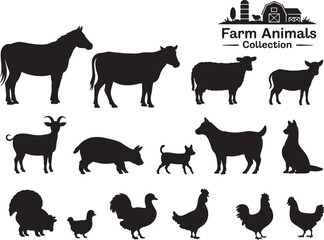 Fototapeta premium Farm animal silhouettes collection including horses cows goats pigs dogs chickens isolated on white background