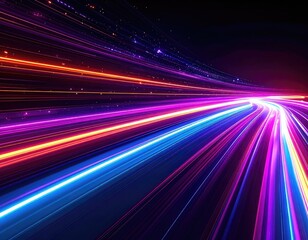 Abstract visualization of high-speed motion with vibrant light trails in dark space.