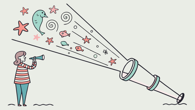Woman Looking Through Telescope Visualizing Future Potential and Creative Discovery Strategy Research and Exploration Illustration