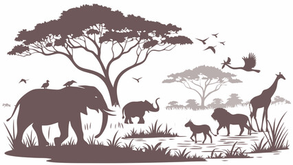 Obraz premium Majestic African Safari Wildlife Silhouette Elephant Giraffe and Lion in Savanna Landscape for Travel Education and Conservation Design