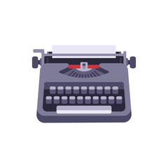 Vintage typewriter with paper sheet and keyboard, colorful vector flat style illustration
