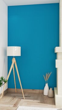 Modern minimalist living room interior with teal accent wall and fireplace 3D render collection