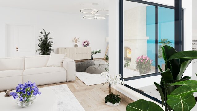 Modern minimalist living room interior with teal accent wall and fireplace 3D render collection