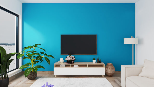 Modern minimalist living room interior with teal accent wall and fireplace 3D render collection