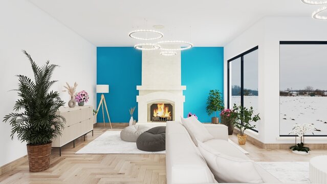 Modern minimalist living room interior with teal accent wall and fireplace 3D render collection