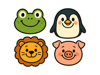 Set of cute animal faces, hand drawn vector illustration of frog, penguin, lion and pig icons for kids