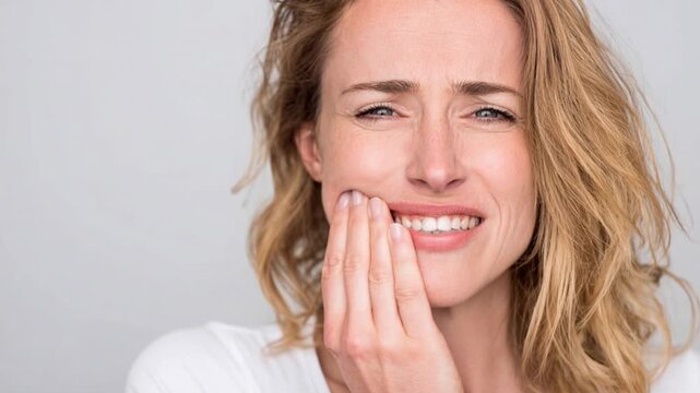 Woman reacting to cold sensation touching teeth, dental sensitivity pain. Slow motion.