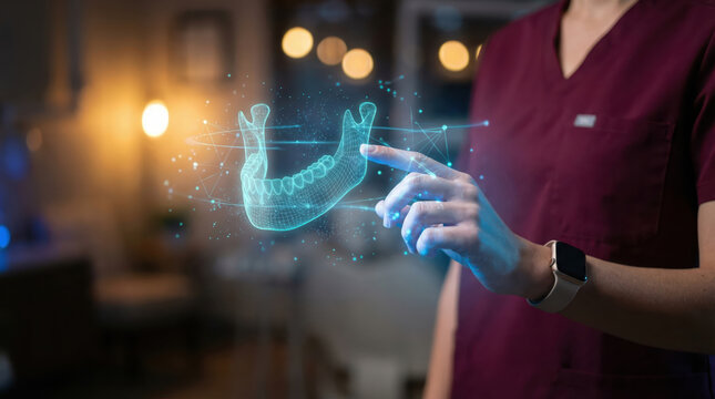 Woman dentist interacting with 3D digital model of human jaw, for dental diagnosis and treatment planning. Innovative dentistry technology.