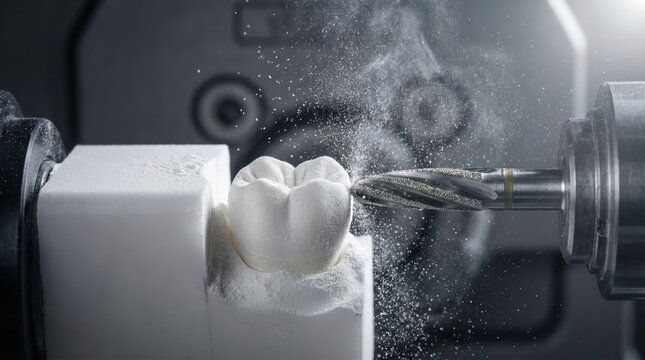 Dental milling machine shaping a tooth crown. Modern dentistry technology creating a prosthetic dental implant. CAD/CAM digital restoration concept.
