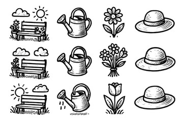 Icons morning can bench garden watering icon setup set hat flowers vector