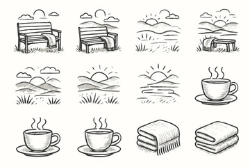 Icon calm scene cup icons tea collection vector garden morning blanket bench