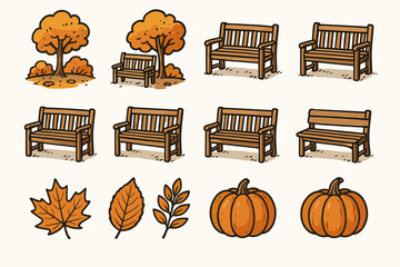 Icon drawing autumn early set icons pumpkin corner garden bench vector leaves