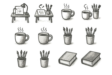 Fototapeta premium Desk paintbrushes art mood book vector artistic cup icon creative coffee