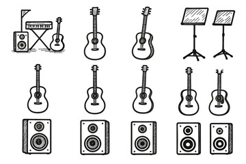 Drawing speaker music corner set collection vector stand instrument icon rough guitar
