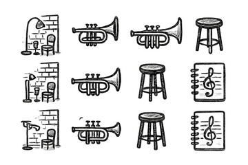 Stool vector jazz icons corner notebook rough trumpet icon music creative pencil