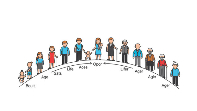Illustration of diverse people standing on a curved line labeled with ages from 'Birth' to 'Age', showcasing a lifespan concept in a simple, colorful style against a clean white background.