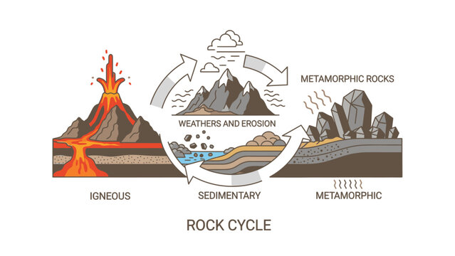 Infographic illustration of the rock cycle process with igneous, sedimentary, and metamorphic rocks on a clean white background.