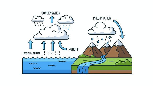 Diagram illustrating the water cycle process with evaporation, condensation, and precipitation in a landscape with mountains and ocean.