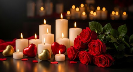 Romantic setup with red roses and candles for Valentine's Day celebration