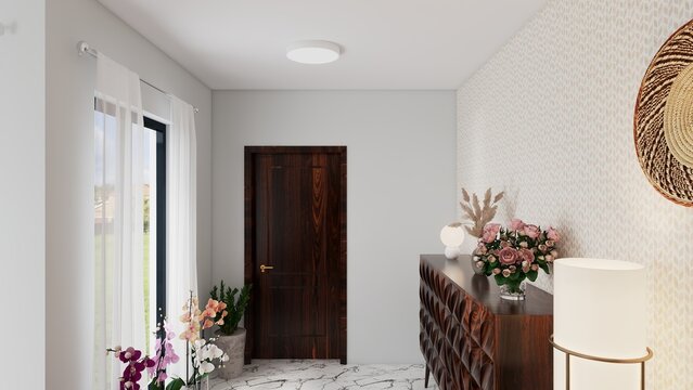 Modern Luxury Hallway Interior Design with Dark Wood Furniture and Floral Decorations