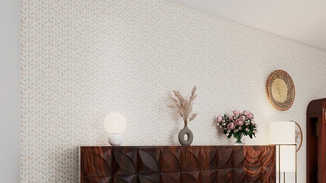 Modern Luxury Hallway Interior Design with Dark Wood Furniture and Floral Decorations