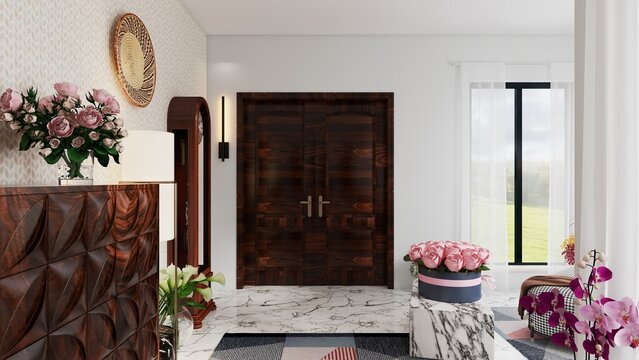 Modern Luxury Hallway Interior Design with Dark Wood Furniture and Floral Decorations
