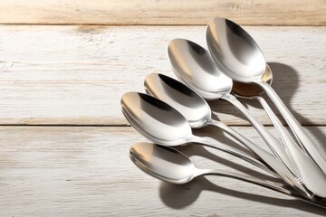 Polished Metal Spoons Arranged on Rustic Wooden Table