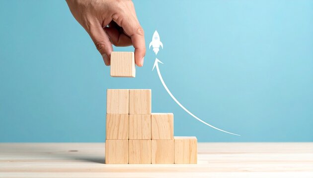 Hand Building a Wooden Block Staircase with Rocket Icon and Upward Growth Arrow