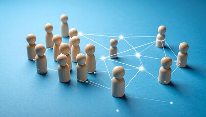 Obraz premium Network of Wooden Peg Dolls on a Blue Background Representing Human Connectivity and Social Graphs