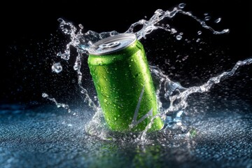 Green Energy Drink Can Splashing in Water with Droplets