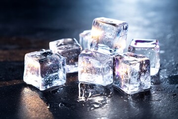 Close Up View of Crystalline Ice Cubes with Bubbles