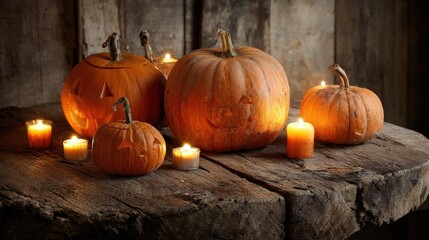 Fototapeta premium rustic halloween decor with carved pumpkins and glowing candles arranged on weathered wooden table for a cozy autumn gathering