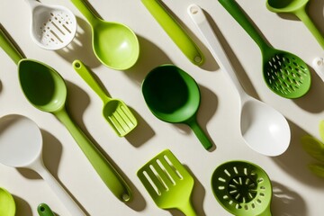 Green Kitchen Utensils Arranged in Creative Flat Layout