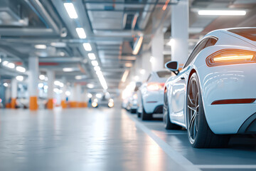 Fototapeta premium Sleek white sports car in modern parking garage