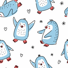 A pattern from a collection of cute hand-drawn penguins in doodle style.