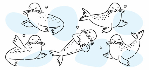 Vector collection of cute seals, hand drawn with line art in doodle style