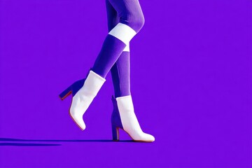 Stylish legs in white boots and purple tights