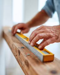 Using a spirit level on a wooden beam