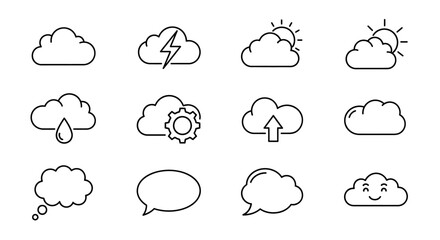 Obraz premium Minimalist Weather Icons: A Clean Line Art Collection of Cloud-Based Representations for Diverse