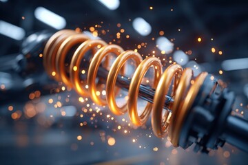 Close-up of a shiny orange coil spring with sparks