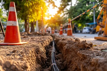 Fiber Optic Cable Installation in Urban Trench at Sunset
