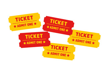 Colorful admit one tickets in red and yellow on white background