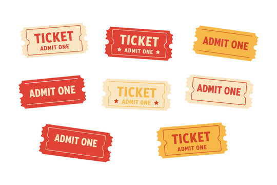 Collection of red and yellow admit one tickets in various arrangements