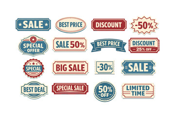 Naklejka premium Collection of vintage sale and discount labels with bold text in red and blue