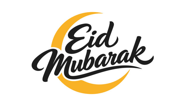 Eid Mubarak Logo with elegant black script calligraphy and a large yellow crescent moon background