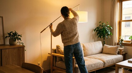 Man Adjusting Floor Lamp in Living Room.